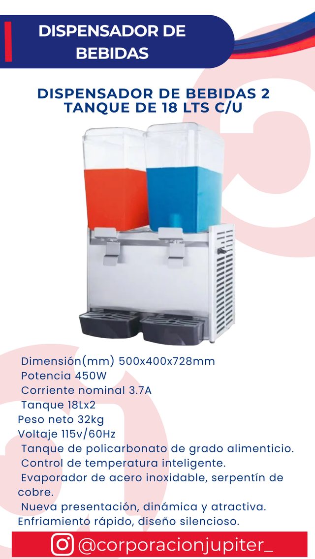 Dispensador de Bebidas 2 Tanque de 18 Lts c/u