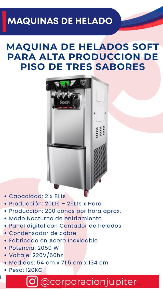 Maquina de Helados Soft para Alta Producción de Piso de Tres Sabores