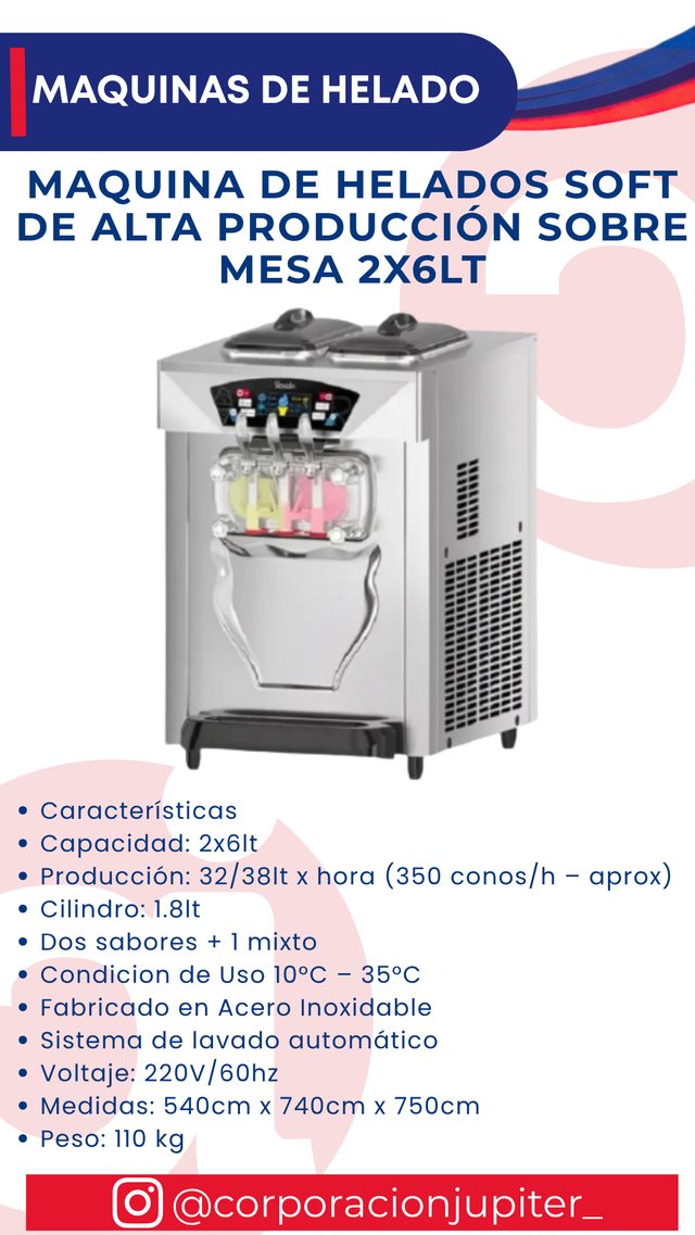 Maquina de Helados Soft de Alta Producción Sobre Mesa 2x6Lt