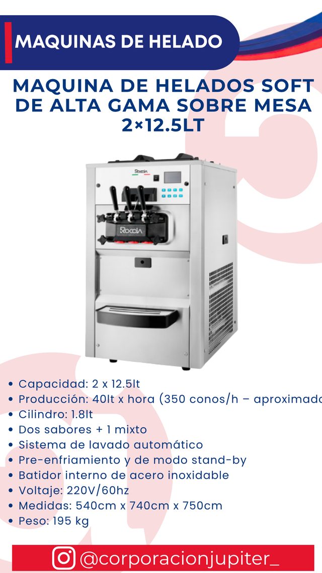 Maquina de Helados Soft de Alta Gama Sobre Mesa 2x12.5Lt