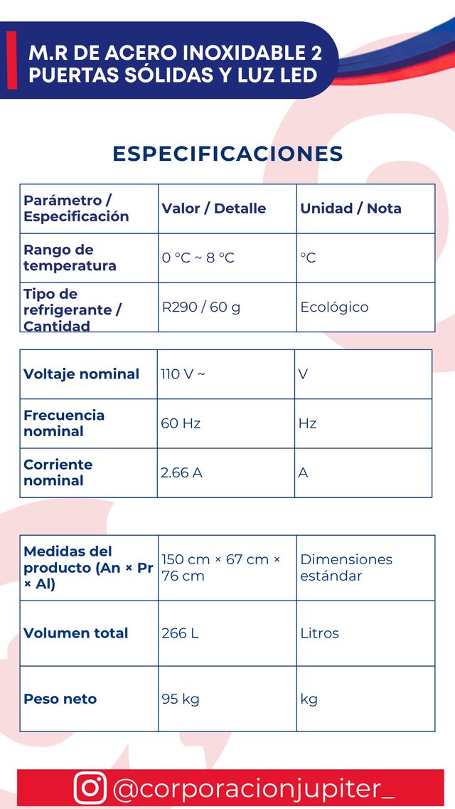 Mesa Refrigerada de Acero Inoxidable con 2 Puertas Sólidas y Luz LED