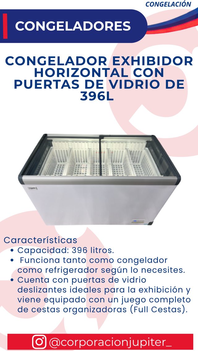 Congelador Exhibidor Horizontal con Puertas de Vidrio de 396L