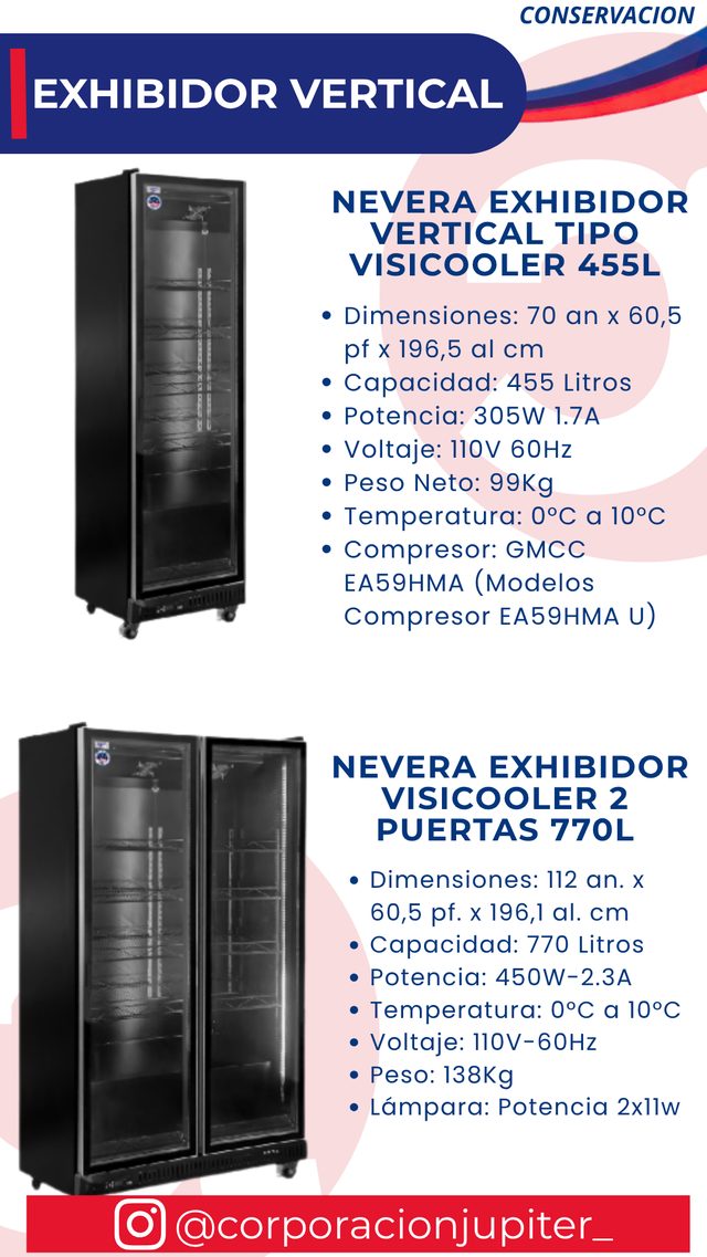Nevera Exhibidor Vertical Tipo Visicooler 455L / Nevera Exhibidor Visicooler 2 Puertas 770L