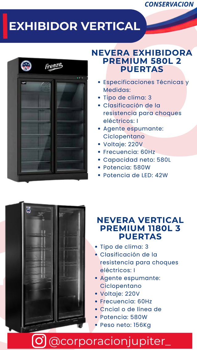 Nevera Exhibidora Premium 580L 2 Puertas / Nevera Vertical Premium 1180L 3 Puertas