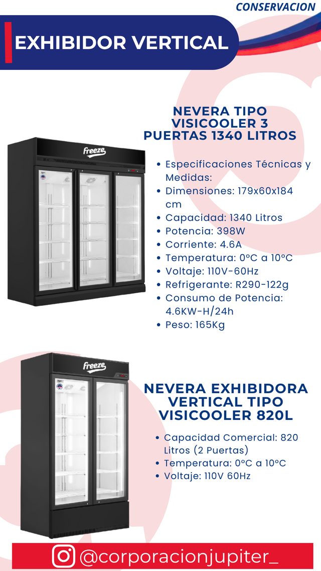 Nevera Tipo Visicooler 3 Puertas 1340 Litros / Nevera Exhibidora Vertical Tipo Visicooler 820L