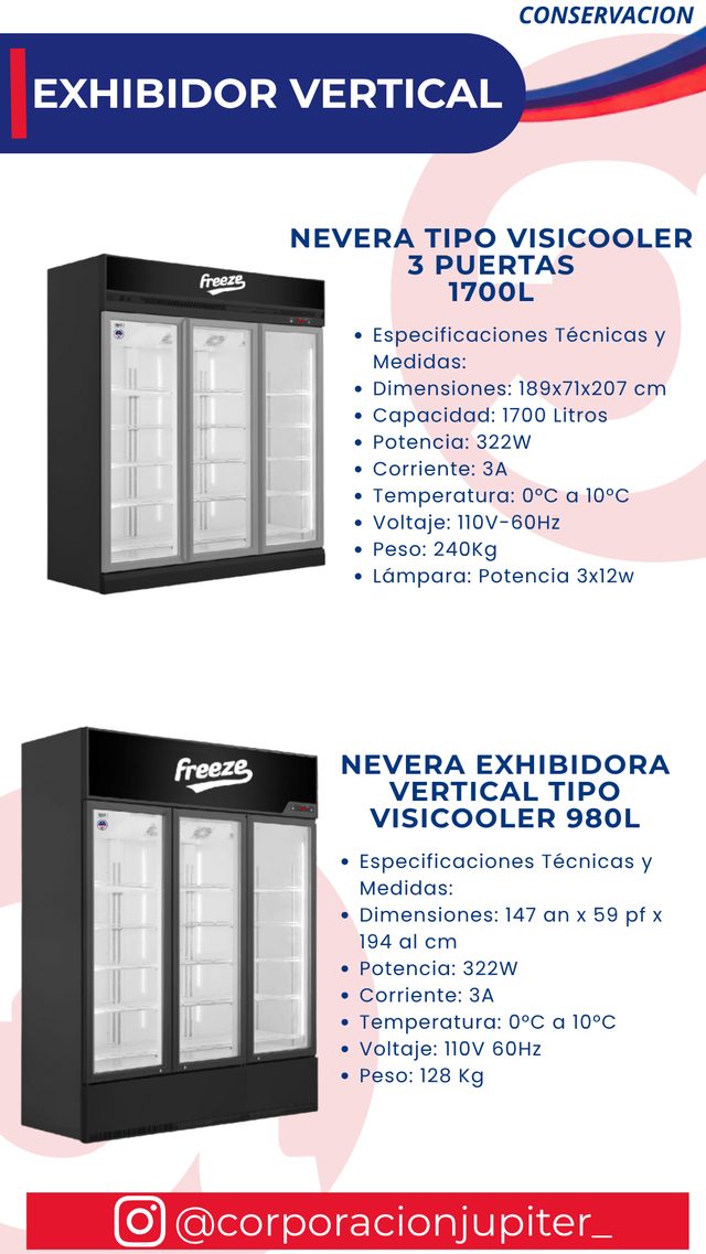 Nevera Tipo Visicooler 3 Puertas 1700L / Nevera Exhibidora Vertical Tipo Visicooler 980L