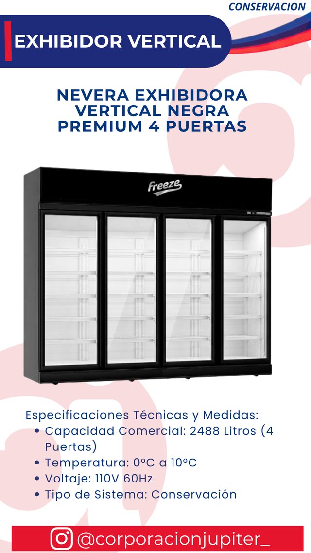 Nevera Exhibidora Vertical Negra Premium 4 Puertas