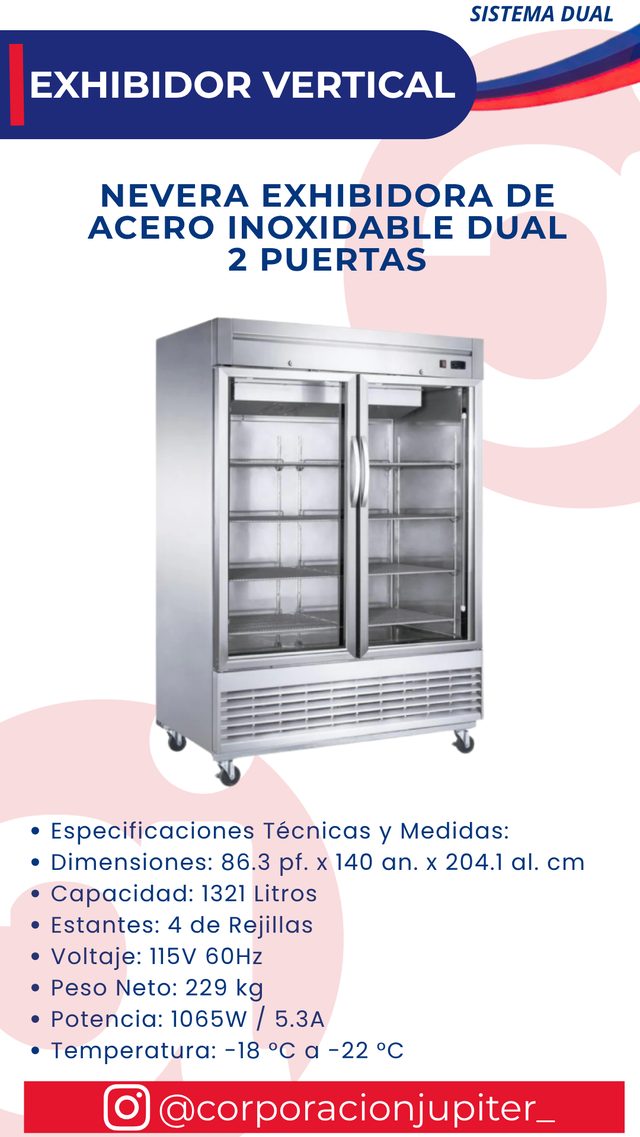 Nevera Exhibidora de Acero Inoxidable Dual 2 Puertas