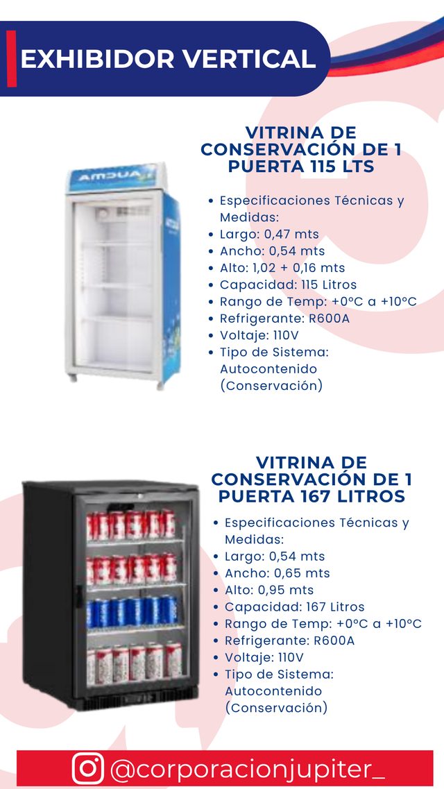 Vitrina de Conservación de 1 Puerta 115 Lts / Vitrina de Conservación de 1 Puerta 167 Litros