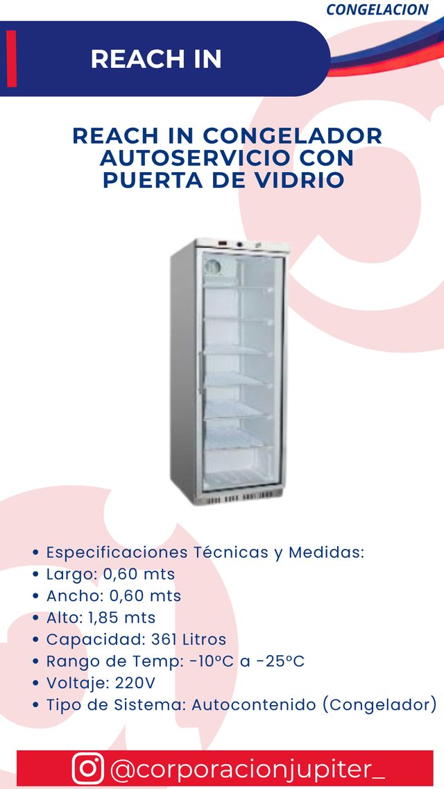 Reach In Congelador Autoservicio con Puerta de Vidrio