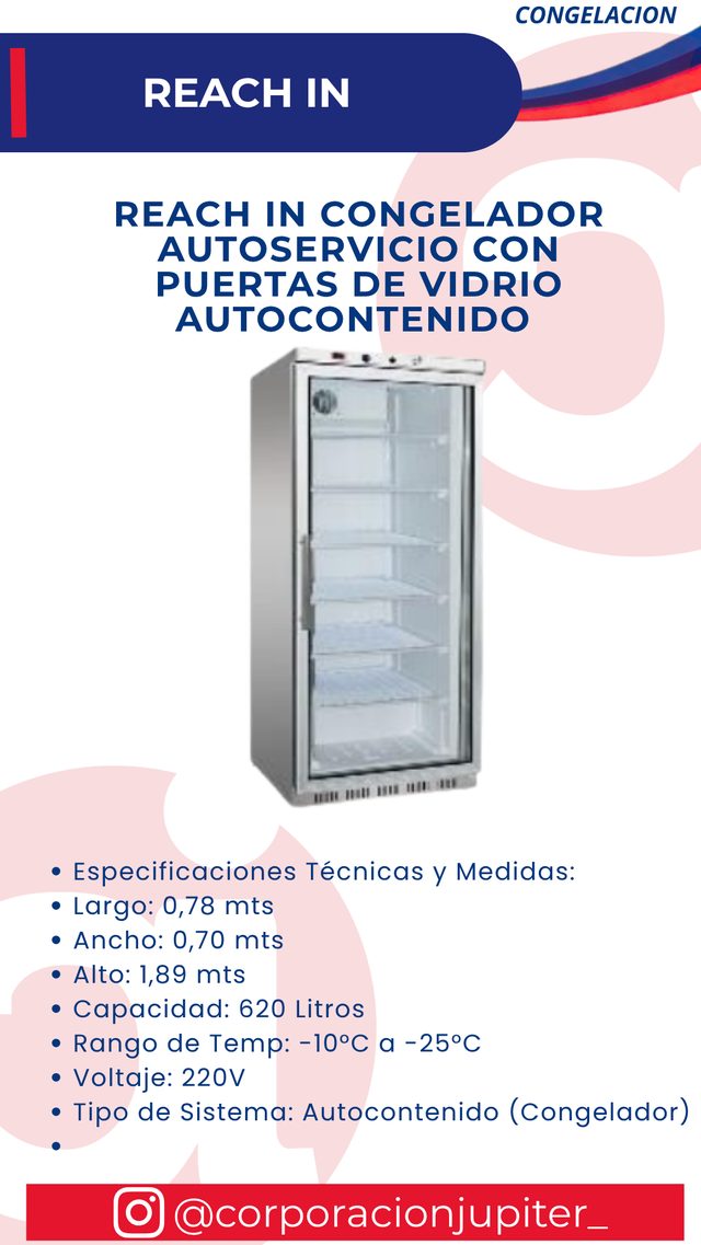 Reach In Congelador Autoservicio con Puertas de Vidrio Autocontenido